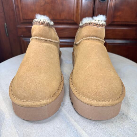 Mexx Womens Size 9.5 US Suede Shearling Boot Chestnut Fur Lined Ankle Platform - Picture 13 of 14